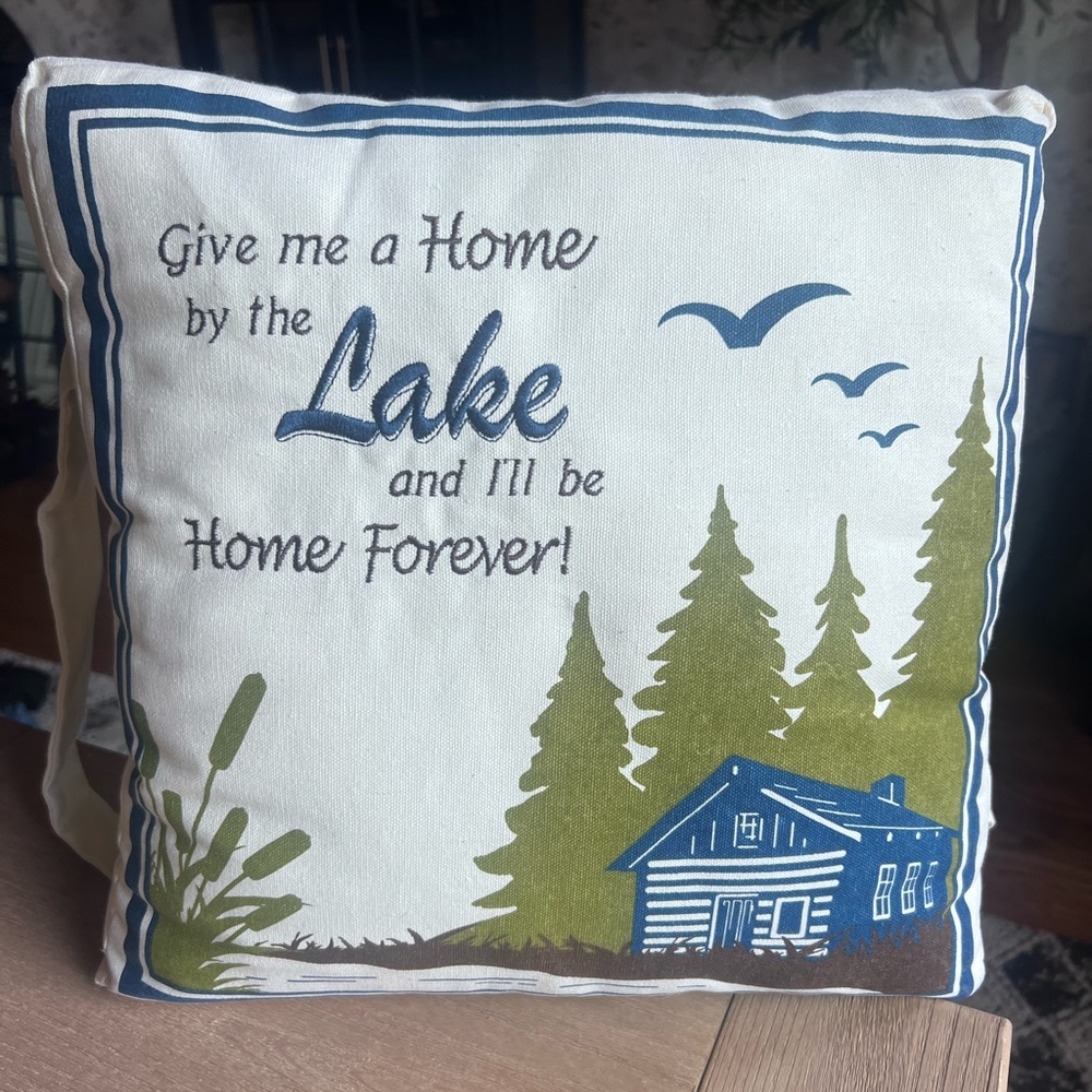 Lake Home Decorative Throw Pillow - Blue, Olive Green, Cream